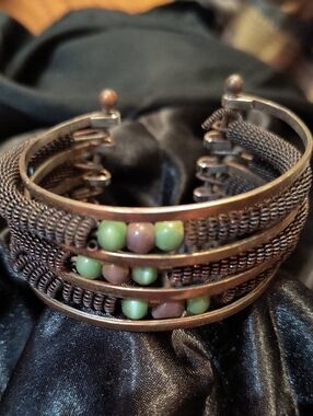 Unisex Boho Green and Brown Beaded Mixed Metals Cuff Bracelet